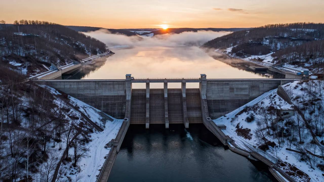 Winter Dam Reservoir Golden Hour Maykop in beside a hydroelectric intake near Maykop