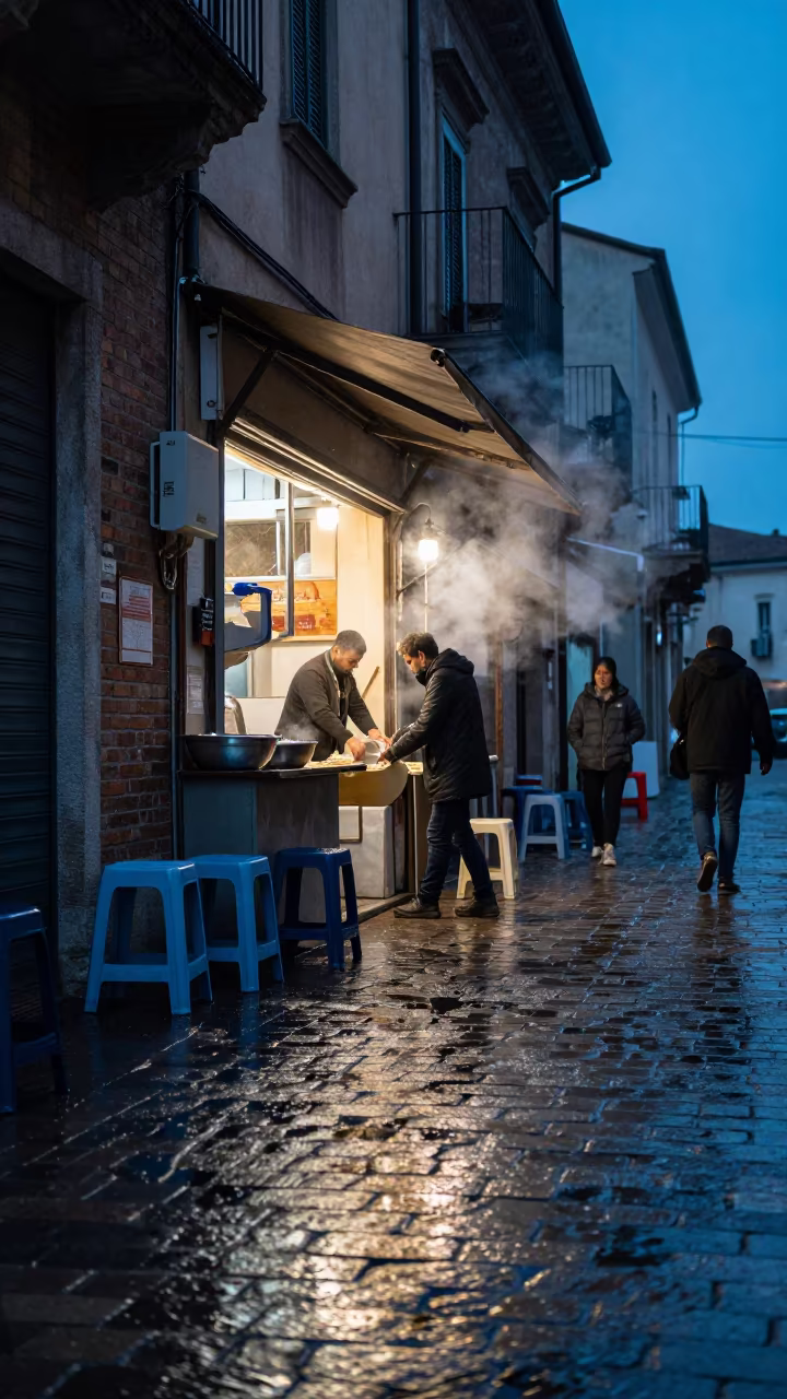 Winter Dawn Alley Noodle Shop Terni in outside a corner cafe in Terni