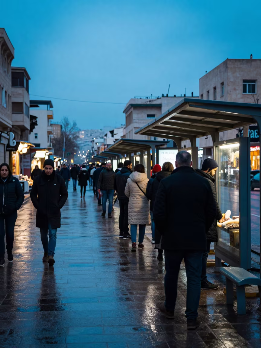 Winter Dawn Bus Queue Irbid Market Street in along a market-lined side street in Irbid
