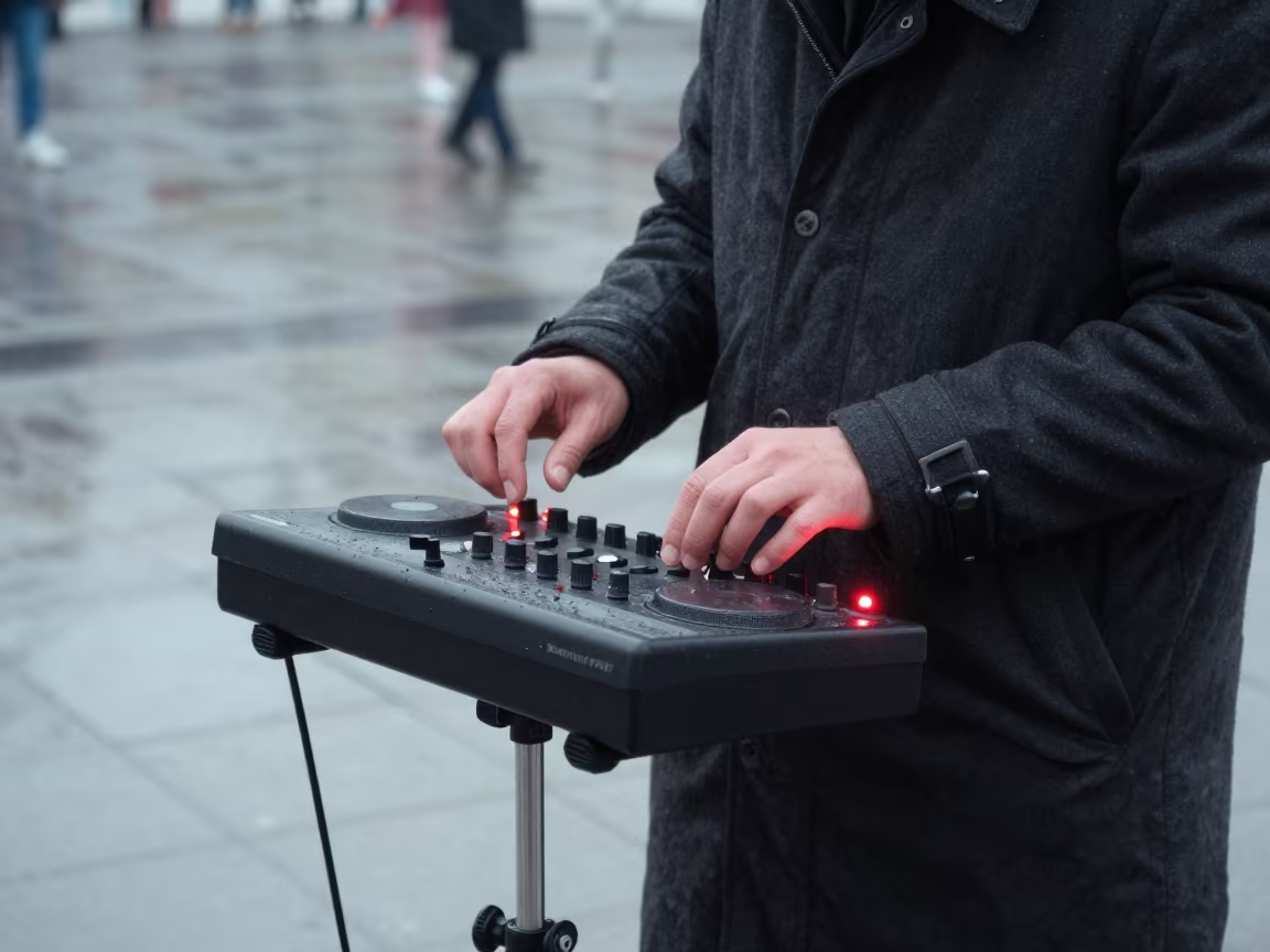 Winter Dawn Busker Layering Beats in Changchun in at a street corner busking spot in Changchun