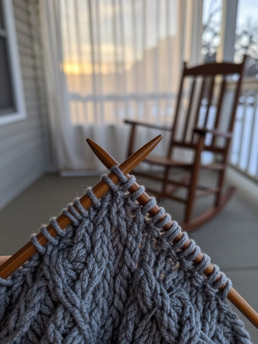 Winter Dawn Cable Knit on Porch Rocking Chair in on a porch with a rocking chair in Vaughan