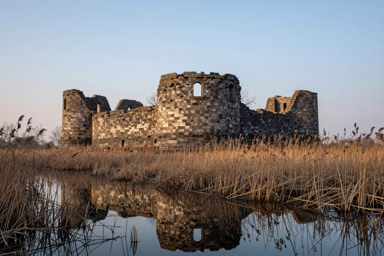 Winter Dawn Castle Ruin Reflection in Jharkhand Moat in among roofless stone chambers in Jharkhand