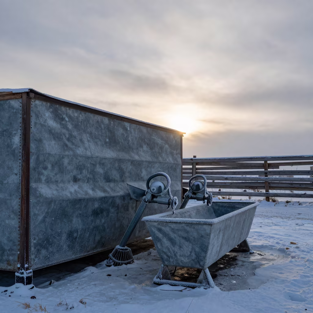 Winter Dawn Feed Scoop Bin Xinjiang in near a windbreak and water trough in Xinjiang