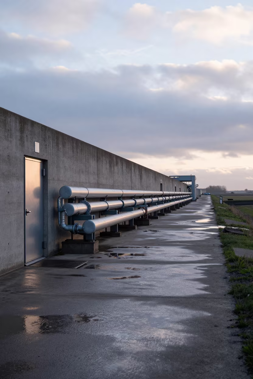 Winter Dawn District Heating Corridor Normandy in along a levee path above floodwater in Normandy