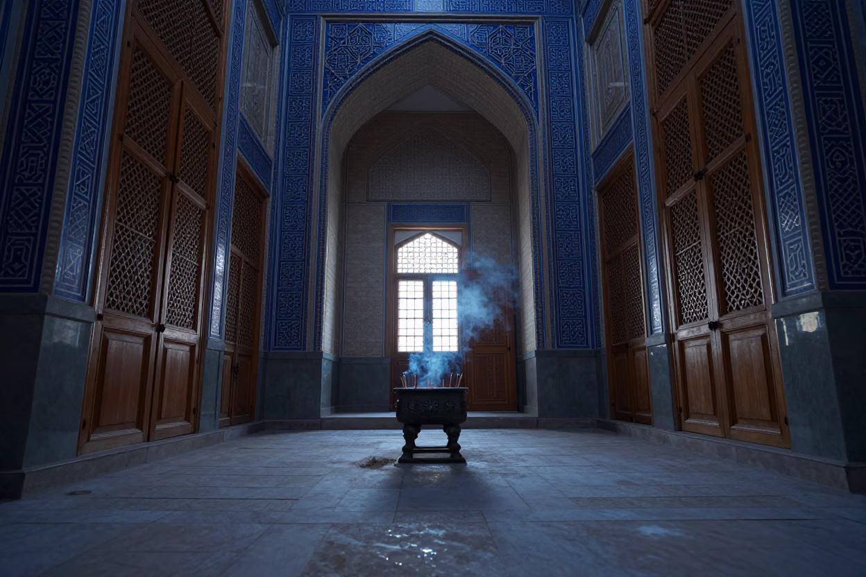 Winter Dawn Incense Smoke in Maykop Mosque in in a mosque prayer hall in Maykop