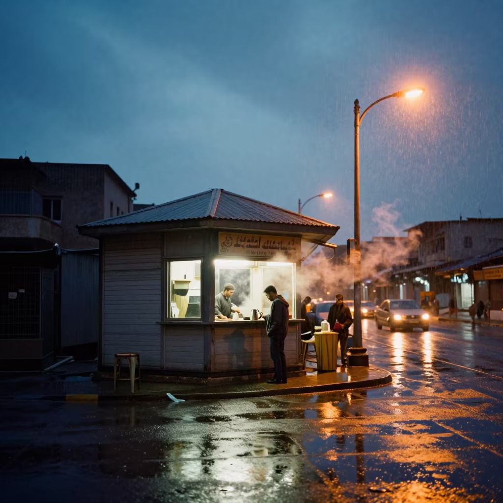 Winter Dawn Kiosk Under Blue Hour in outside a corner cafe in Sohag