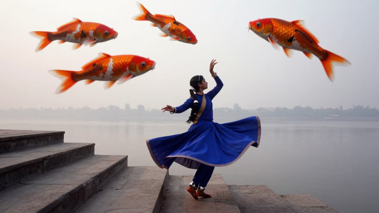 Winter Dawn Koi Parades Over Varanasi Dancer in in Varanasi