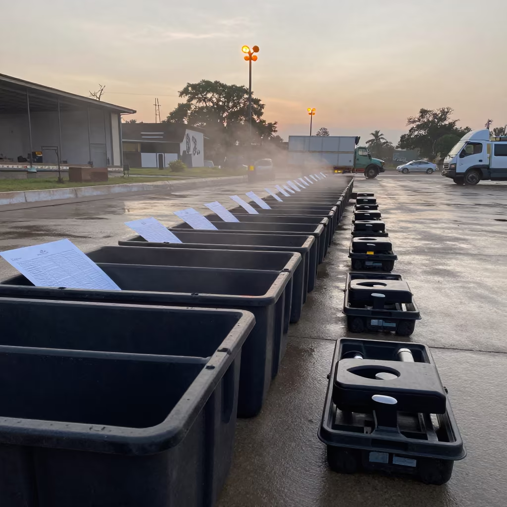 Winter Dawn Logistics Hub Tub and Scanner Setup in in a trailer yard under sodium lights in Lubumbashi