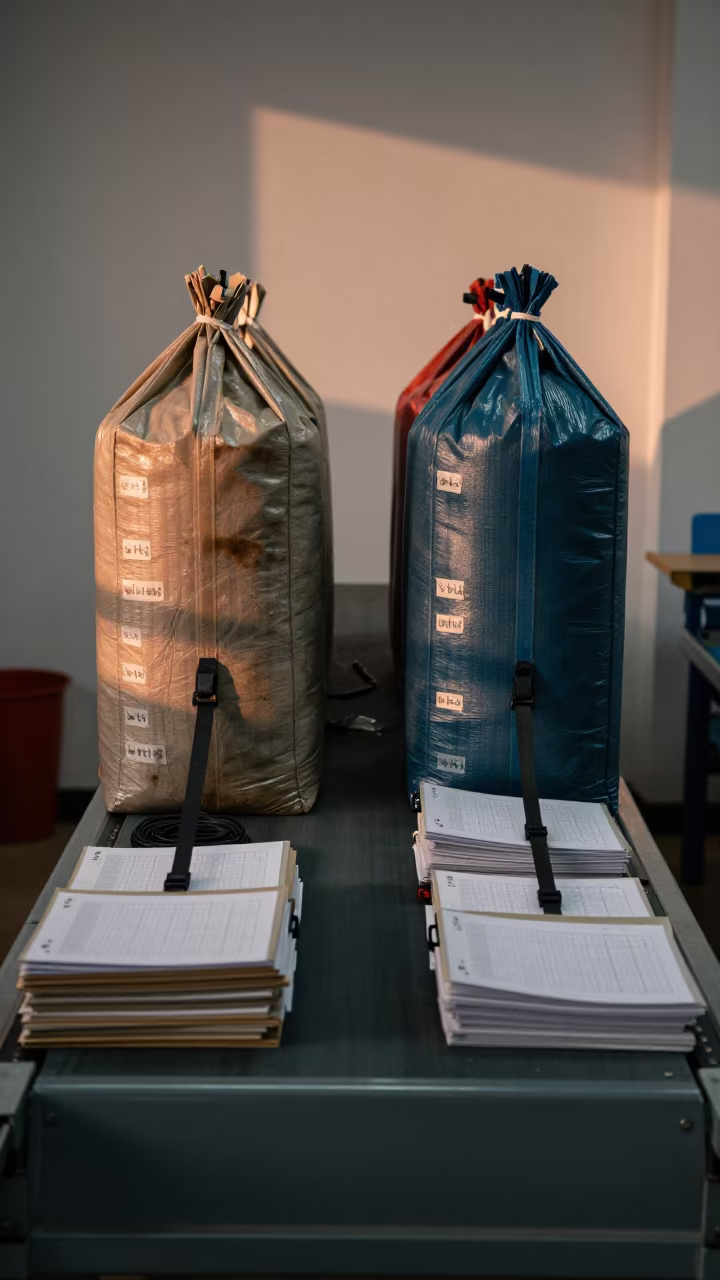 Winter Dawn Logistics Tray with Route Bags in at a parcel sorting belt in Thimphu