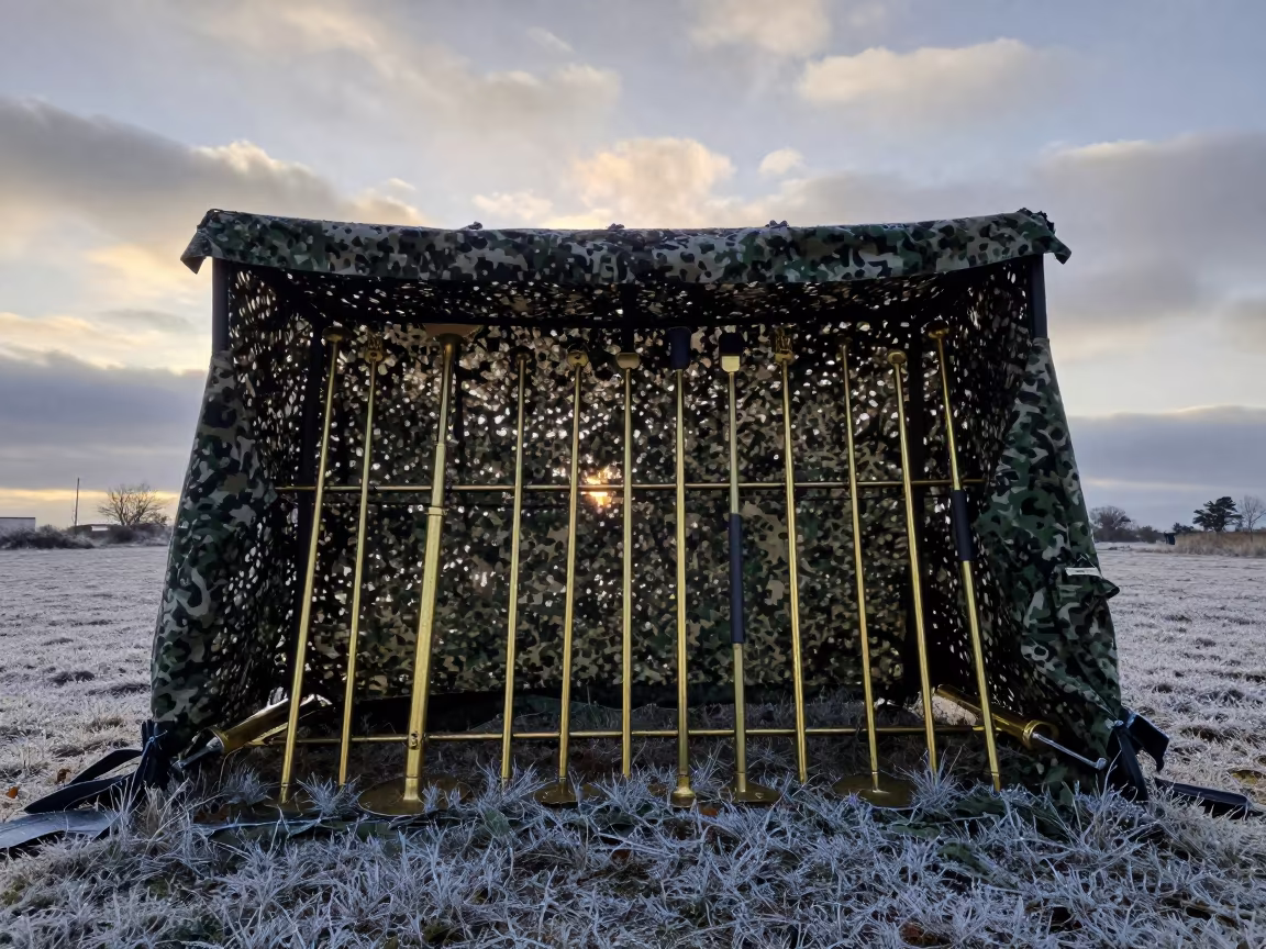 Winter Dawn Military Magnet Wand Rack Under Net in beneath a camouflage net shelter in Aragon