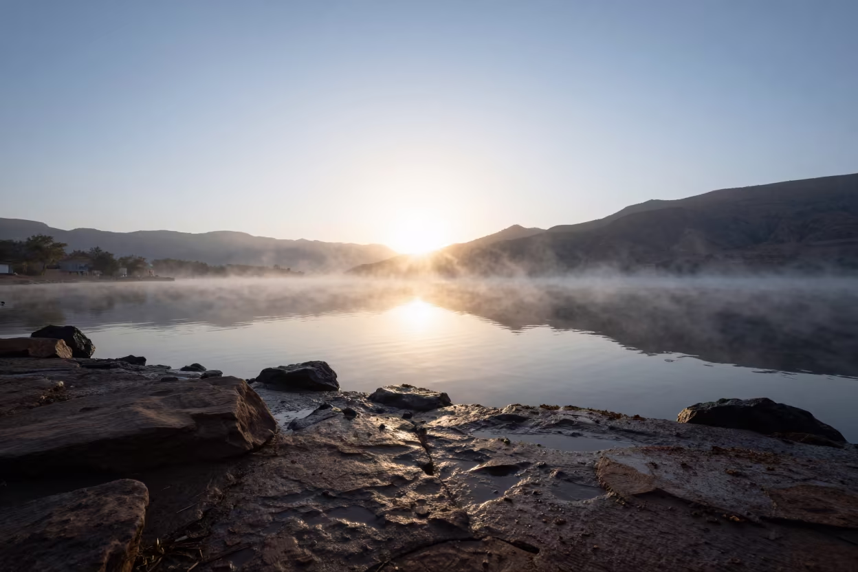 Winter Dawn Mist Rising Over Moroccan Lake in in Morocco