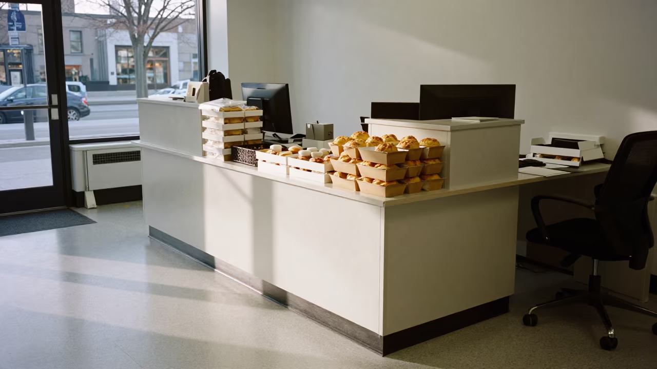 Winter Dawn at Montreal Office Desk in at an office reception desk in Montreal