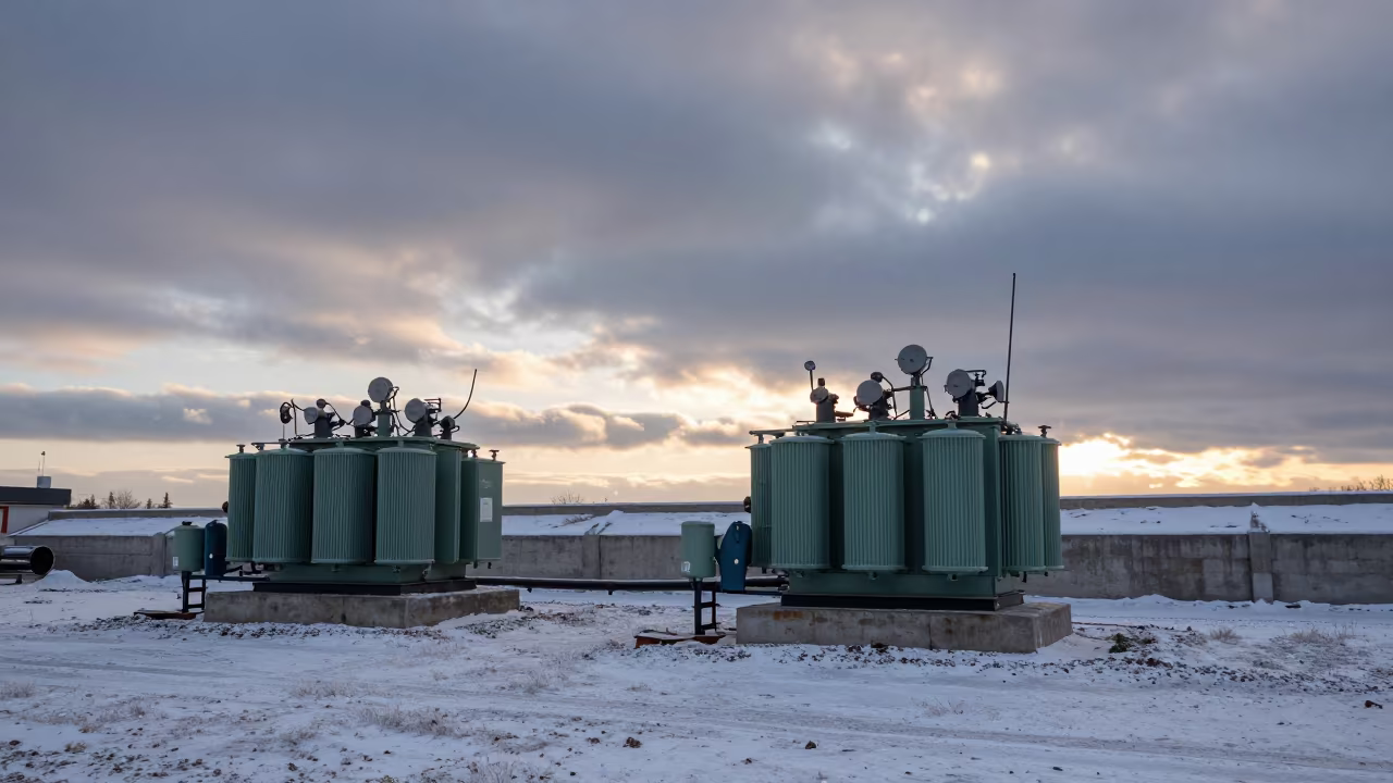 Winter Dawn at Nizhny Novgorod Transformer Yard in beside a storm surge barrier in Nizhny Novgorod