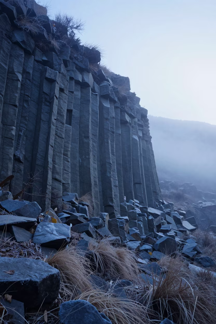 Winter Dawn Over Columnar Basalt Cliffs in across a wide valley floor in Uttarakhand