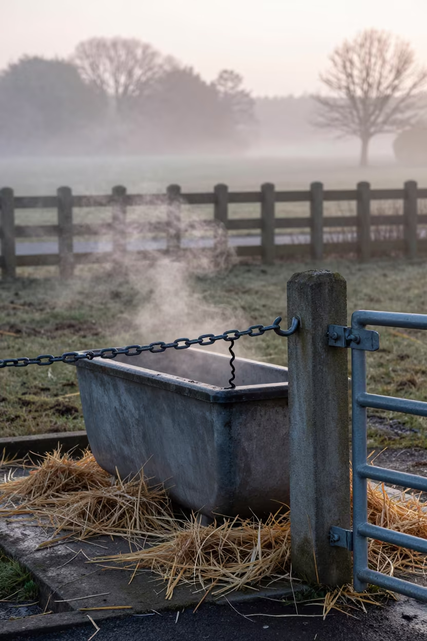 Winter Dawn Pasture Gate Chain Rail in near a windbreak and water trough in United Kingdom