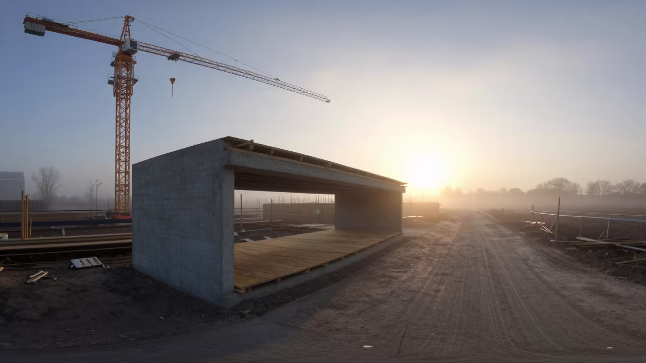 Winter Dawn Permit Tube Shelf Concrete in beneath a tower crane on open ground near Worcester