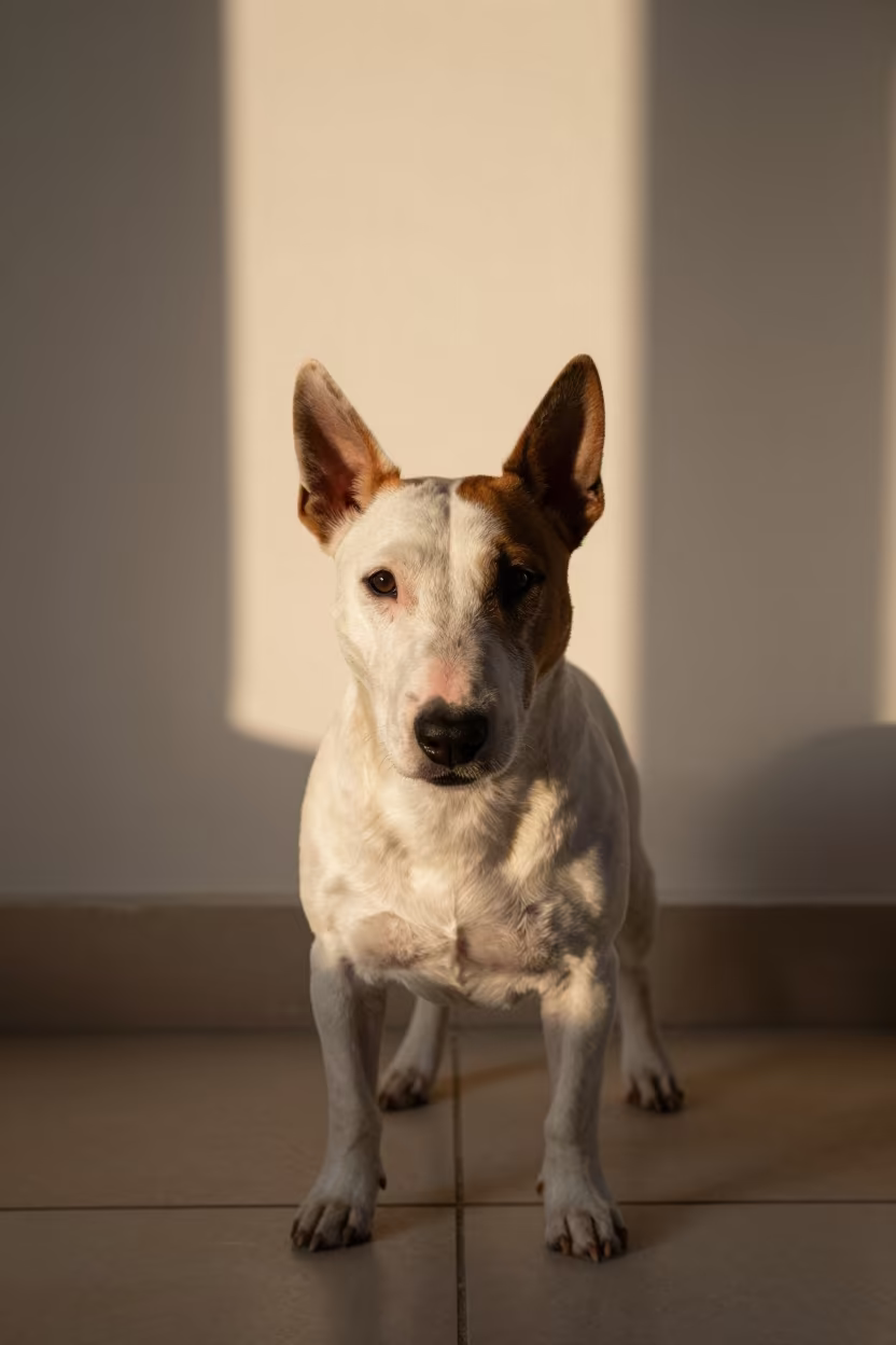 Winter Dawn Portrait Bull Terrier Sousse Studio in in a quiet portrait studio with a plain backdrop and eye-level framing near Sousse