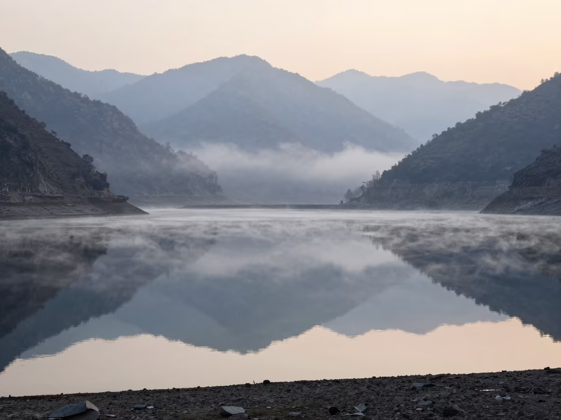 Winter Dawn Reflection in Glacial Lake Near Khanewal in from a ridge above layered foothills near Khanewal