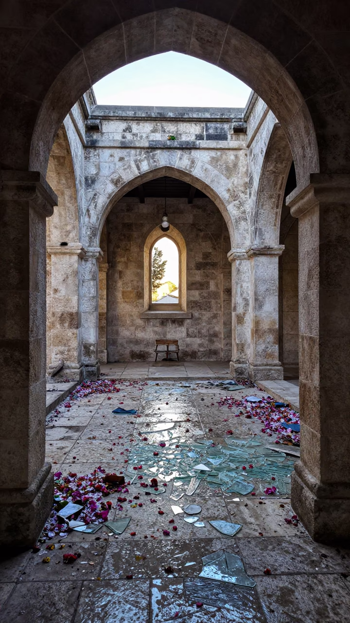 Winter Dawn in Roofless Nave with Glass and Petals in inside a roofless nave near Beit Shemesh
