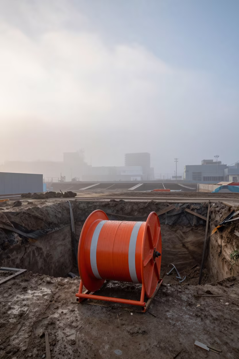 Winter Dawn Safety Reel at Tokyo Excavation in inside a taped-off excavation edge in Tokyo