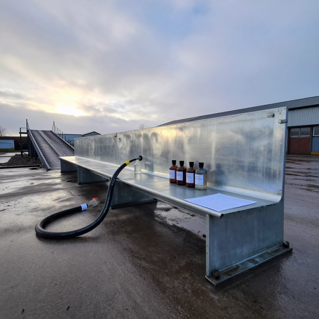 Winter Dawn Scale Bench at Northern Ireland Stockyard in at a stockyard loading ramp in Northern Ireland
