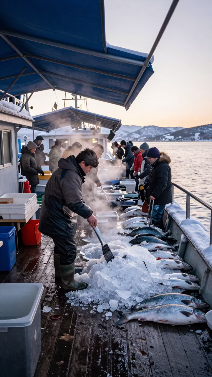 Winter Dawn Scaling Salmon at Sapporo Floating Market in at a floating market boat in Sapporo