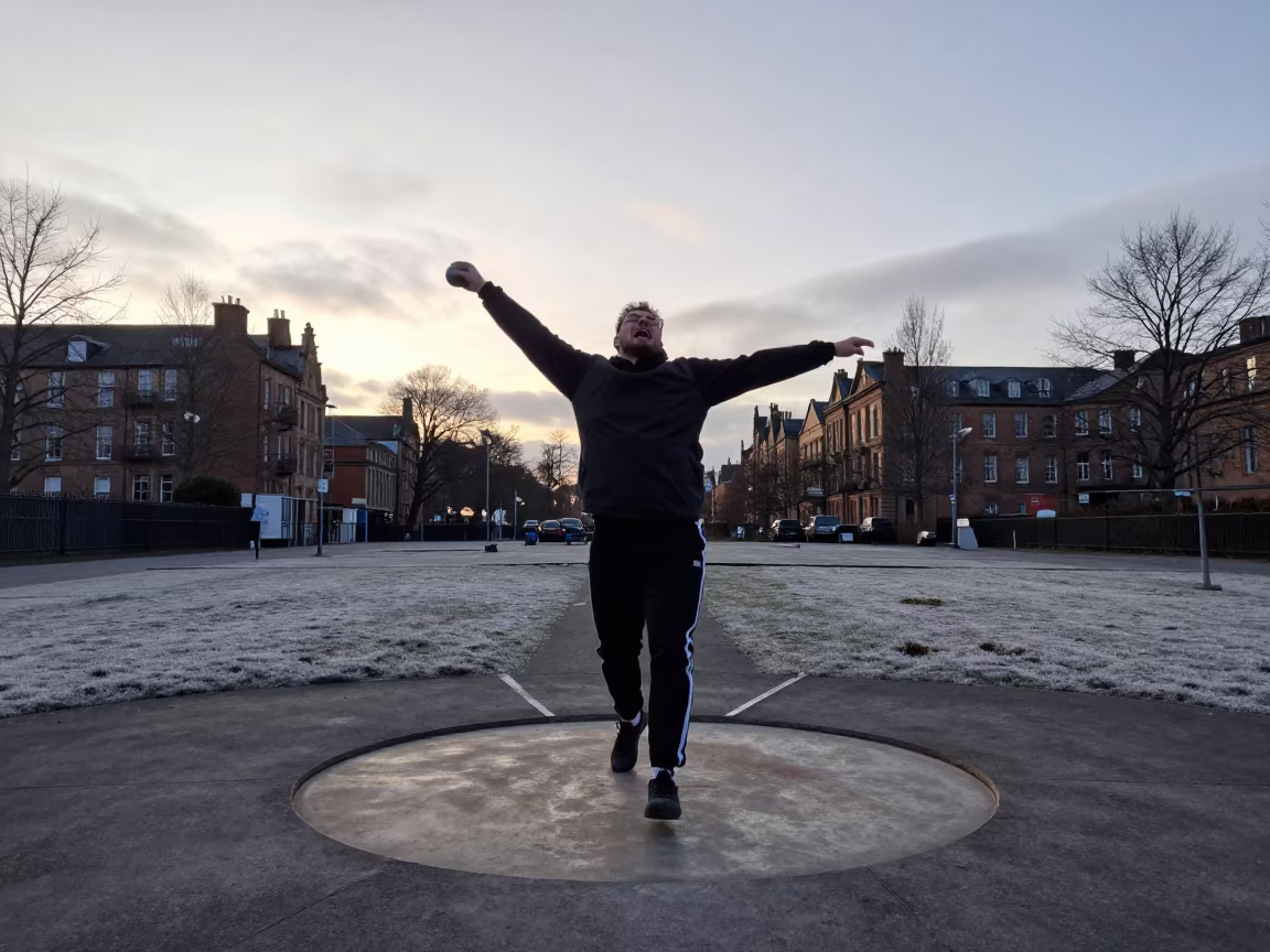 Winter Dawn Shot Putter Roaring in Circle in in Glasgow