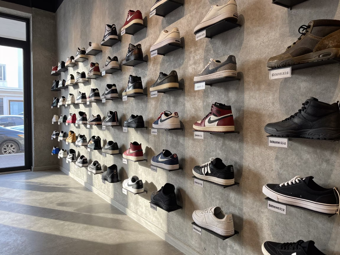 Winter Dawn Sneaker Display with Dust and Laces in along a front-of-store display run near Izmir