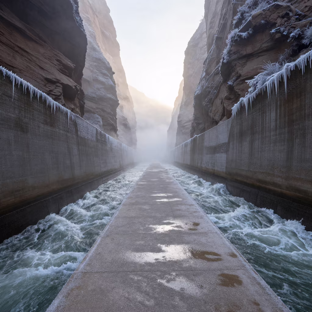 Winter Dawn Spray on Canyon Spillway Walkway in along concrete walls above turbulent water in Morocco
