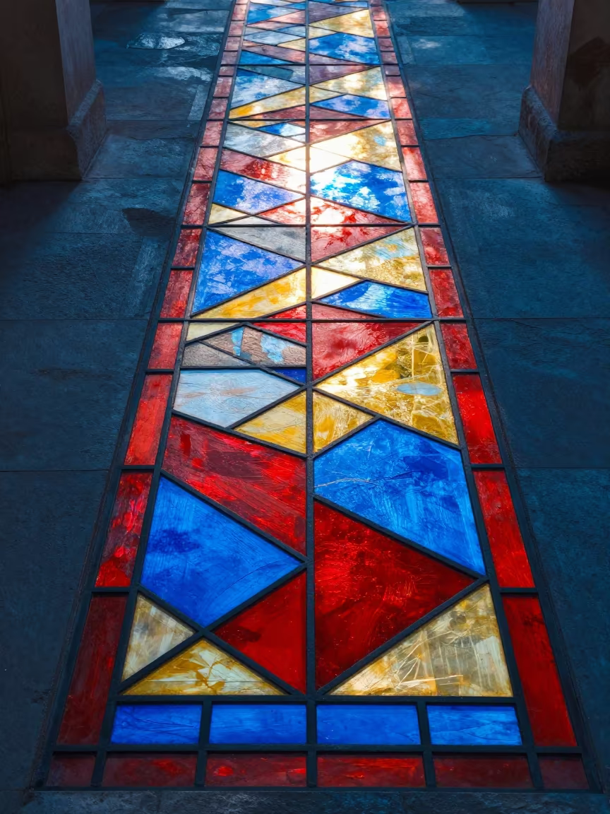 Winter Dawn Stained Glass Light Antalya in inside a skylit passageway in Antalya