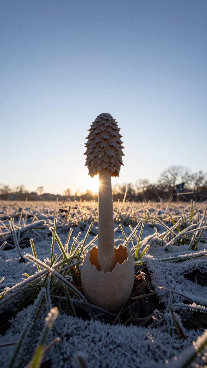 Winter Dawn Stinkhorn Emerging from Egg Shell in in a bloom-heavy meadow near Chicago