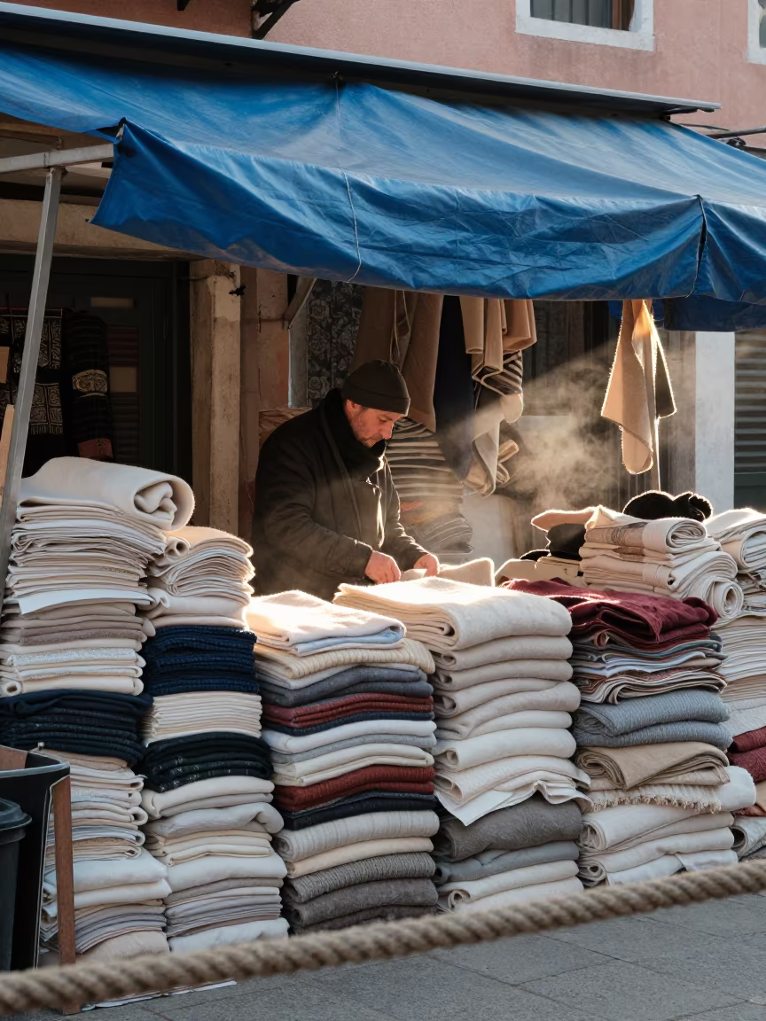 Winter Dawn Textile Stall in Murano Venice in at a textile trader's stall in Murano, Venice