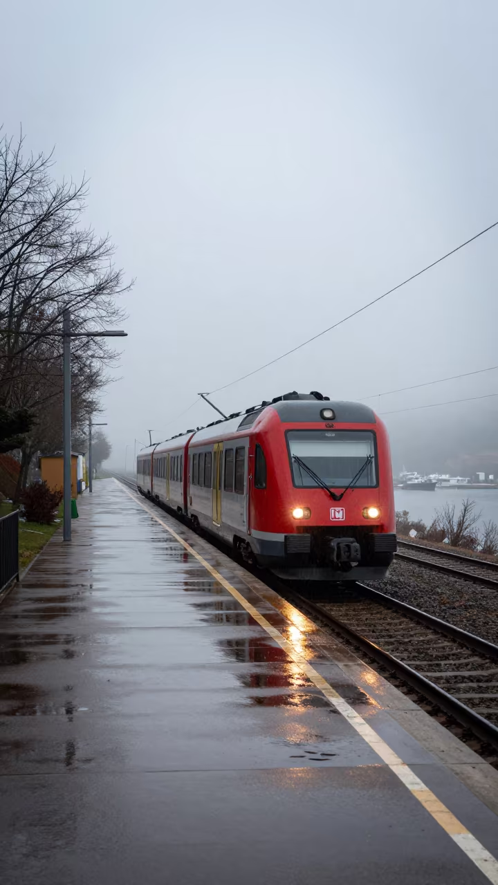 Winter Dawn Train Arrives Foggy Harbor Station in beside a fogbound harbor mouth in Aragon