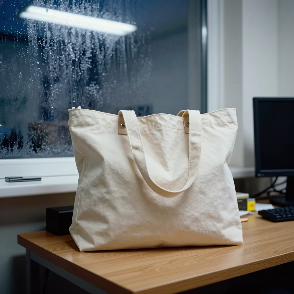 Winter Desk Tote with Condensation in on a writing desk in Saska Kepa, Warsaw