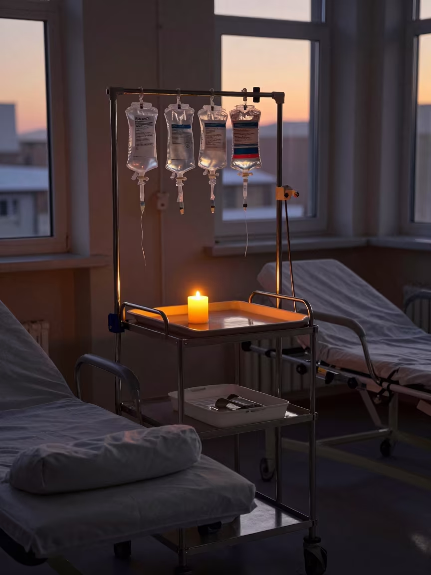 Winter Dialysis Shelf Candlelight Glow in Konya in along a linen cart bay outside treatment rooms in Konya