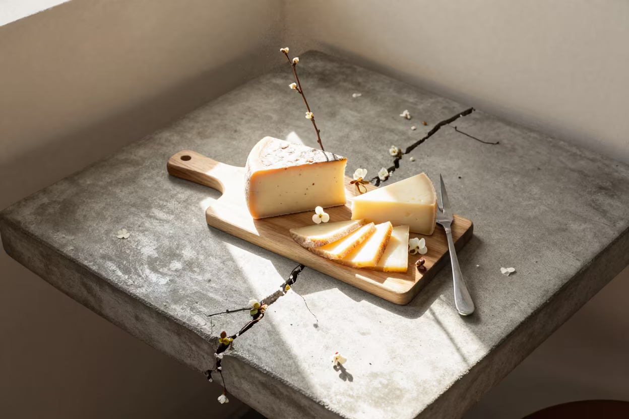 Winter Diner Cheese Board with Concrete Flowers in at a roadside diner table in Kunming