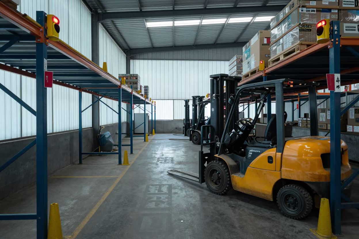 Winter Dispatch Mezzanine with Amber Forklift Lights in inside a dispatch office above the dock in Gujranwala