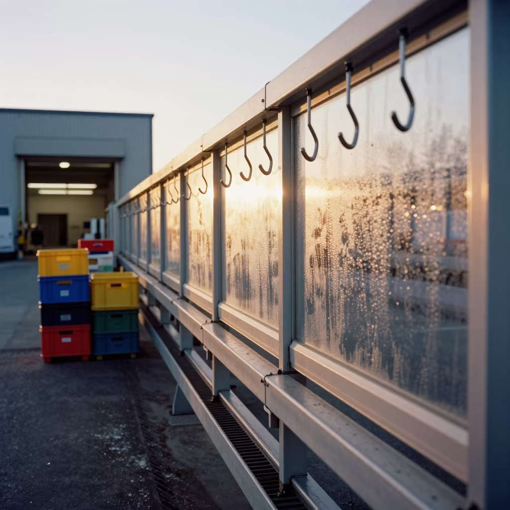 Winter Distribution Center Tote Line at Golden Hour in inside a distribution center pick aisle in Okayama