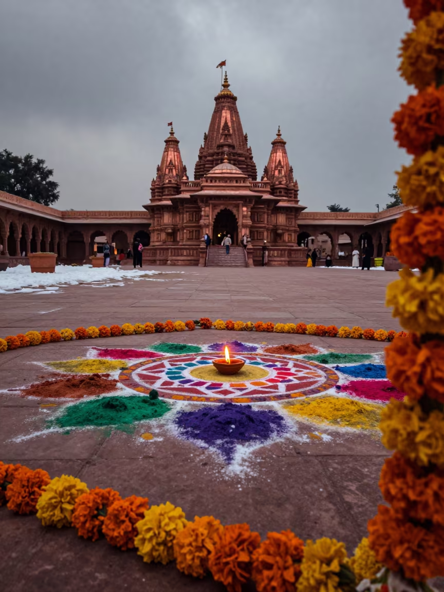 Winter Diwali Rangoli in Delhi Temple Courtyard in in a temple courtyard in Delhi