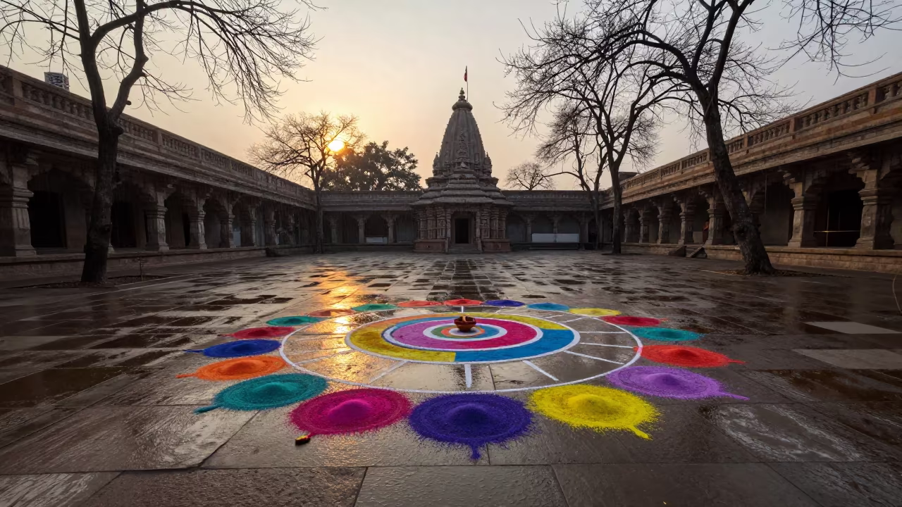 Winter Diwali Rangoli at Sarnath Temple Courtyard in in a temple courtyard in Sarnath, Varanasi