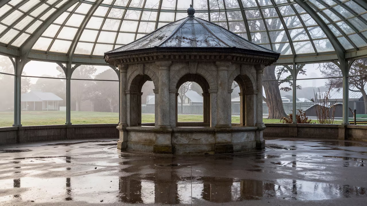 Winter Dovecote Reflections Glass Arcade in inside a glass-roofed arcade in San Francisco