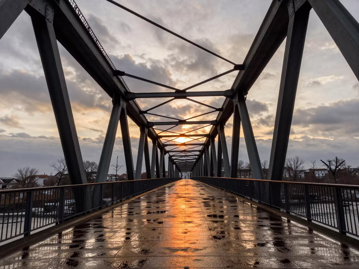 Winter Drawbridge Deck Under Steel Viaduct at Sunset in under a viaduct of steel and concrete near Tarsus
