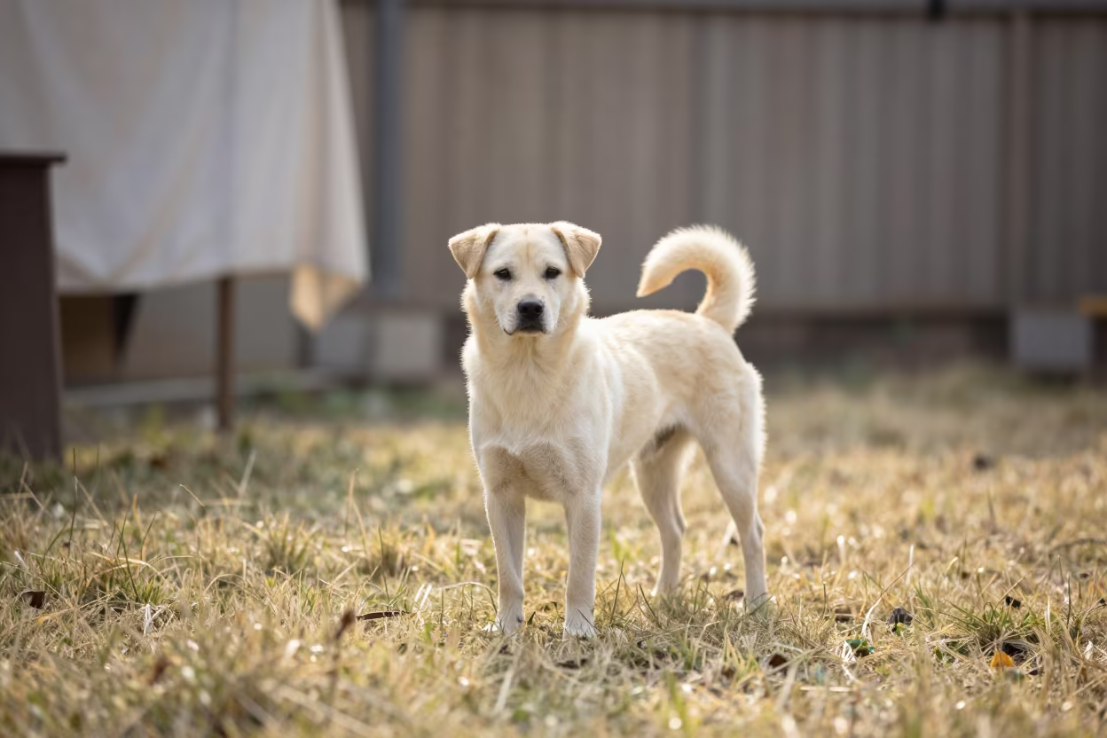 Winter Drever Portrait in Fuzhou Backyard in in a small yard with clipped grass, calm light, and the animal centered in frame near Fuzhou