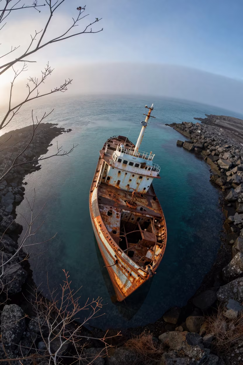 Winter Drone View Shipwreck Turquoise Iceland in on a wind-scoured ridge in Iceland