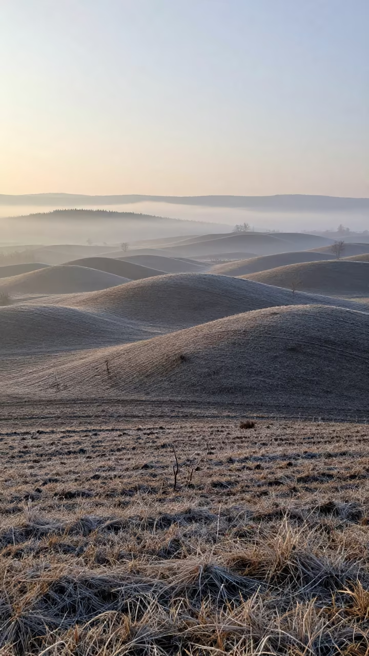 Winter Drumlin Field in Cold Silver Dawn Mist in from a ridge above layered foothills near Plovdiv