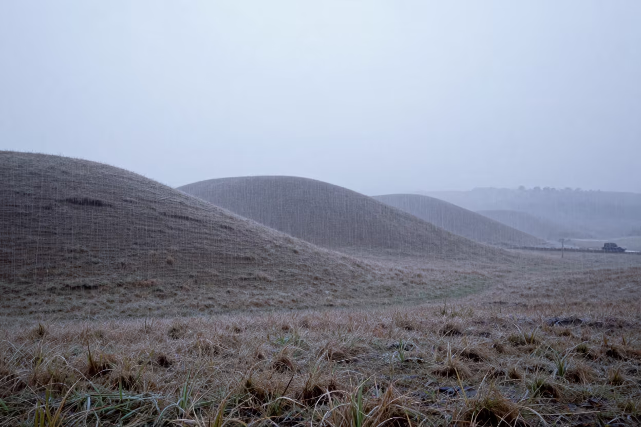 Winter Drumlin Hills in Morning Mist and Rain in in Rio Grande do Sul