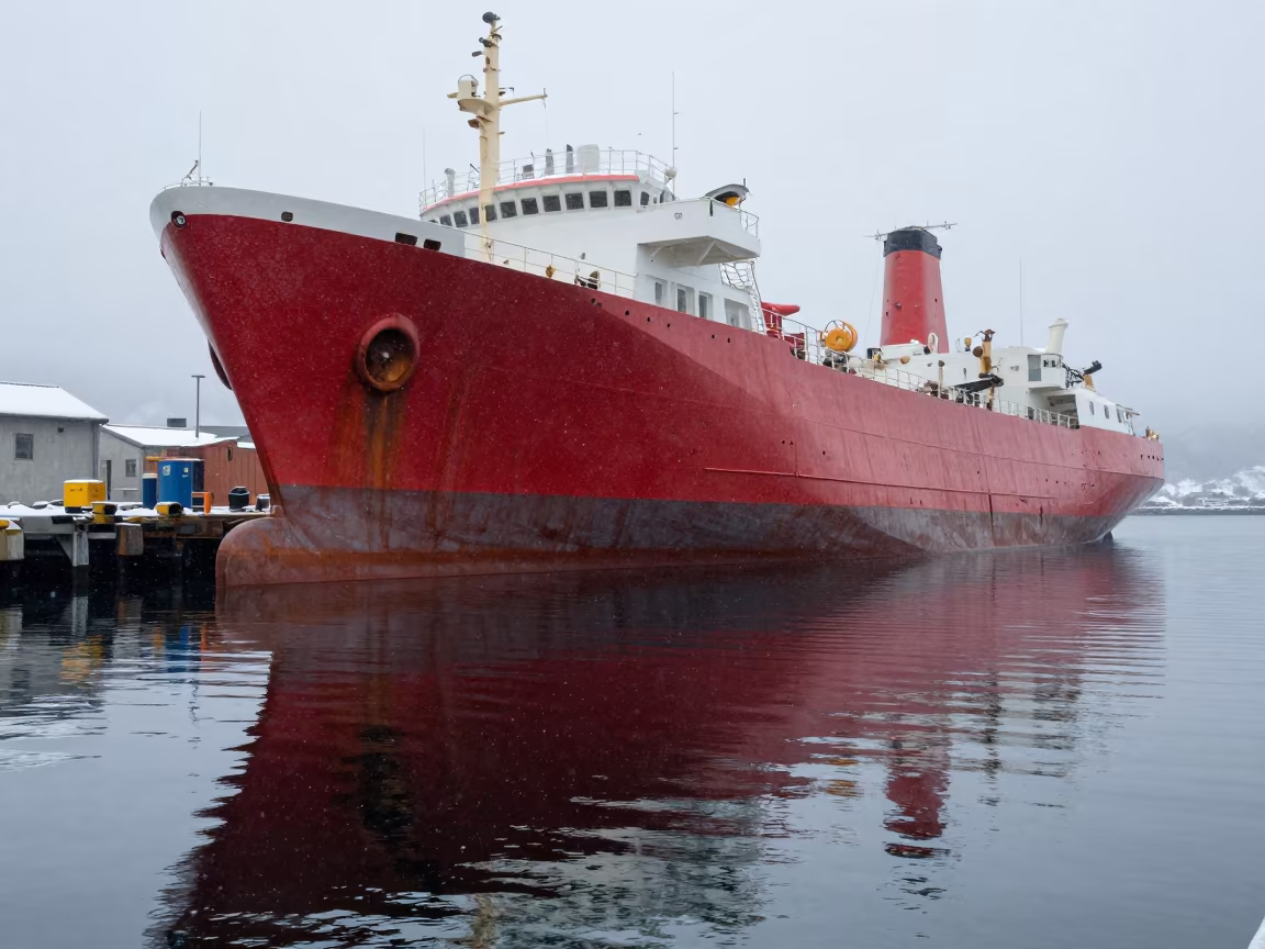Winter Dry Dock Ship Hull Alaska Harbor in beside a fogbound harbor mouth in Alaska
