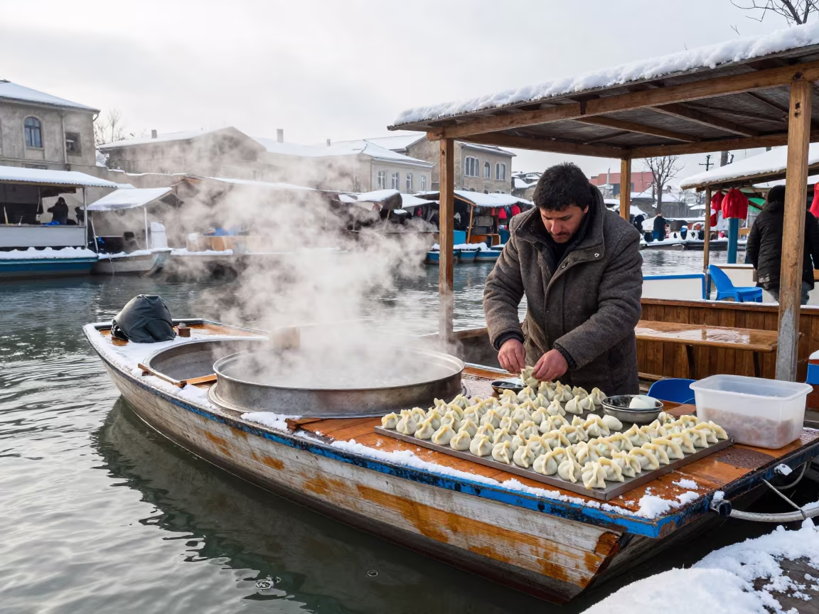 Winter Dumpling Vendor at Yerevan Floating Market in at a floating market boat in Yerevan