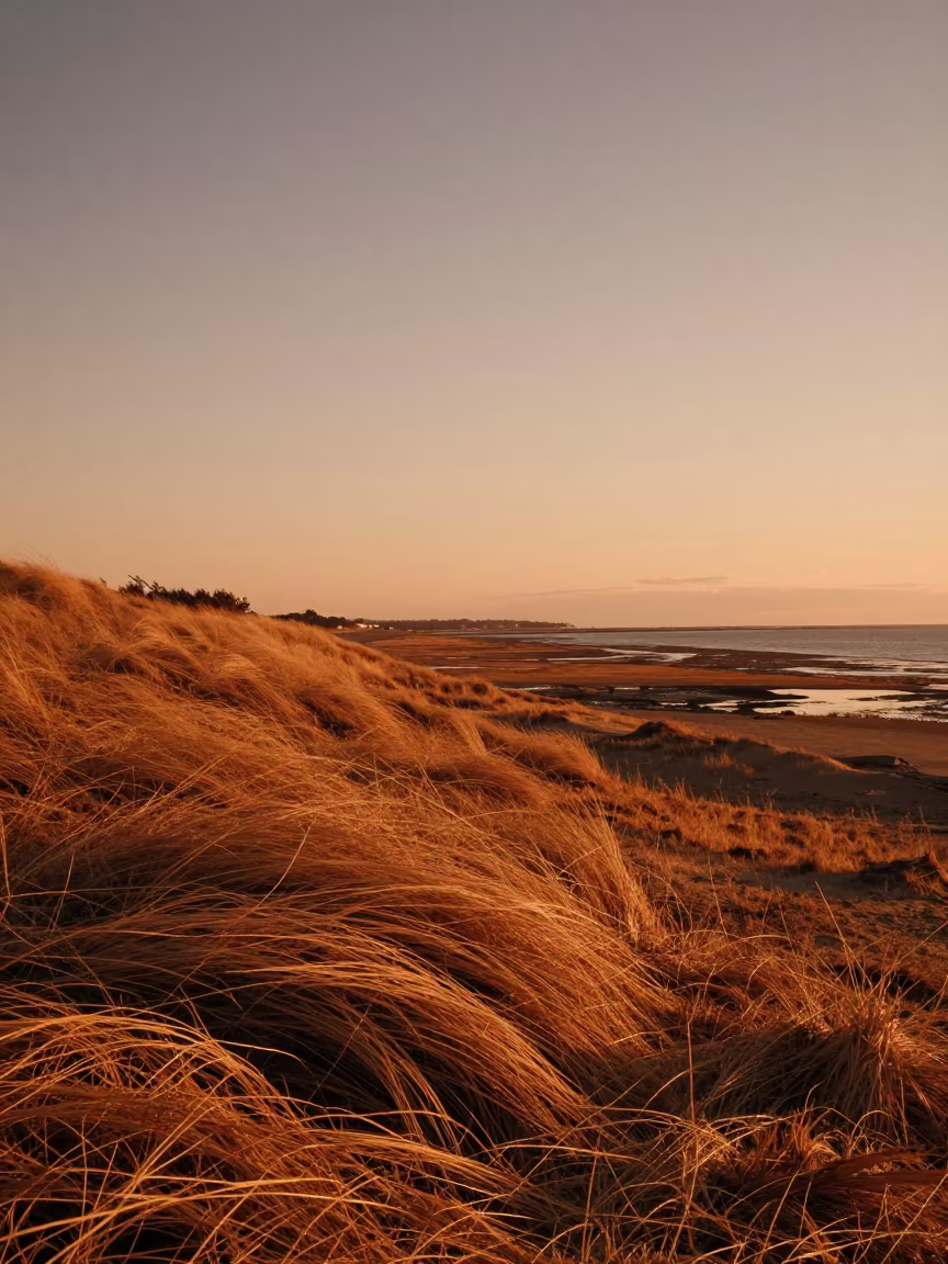 Winter Dune Sea Grass in Amber Sunset Light in across a floodplain after rain in Japan