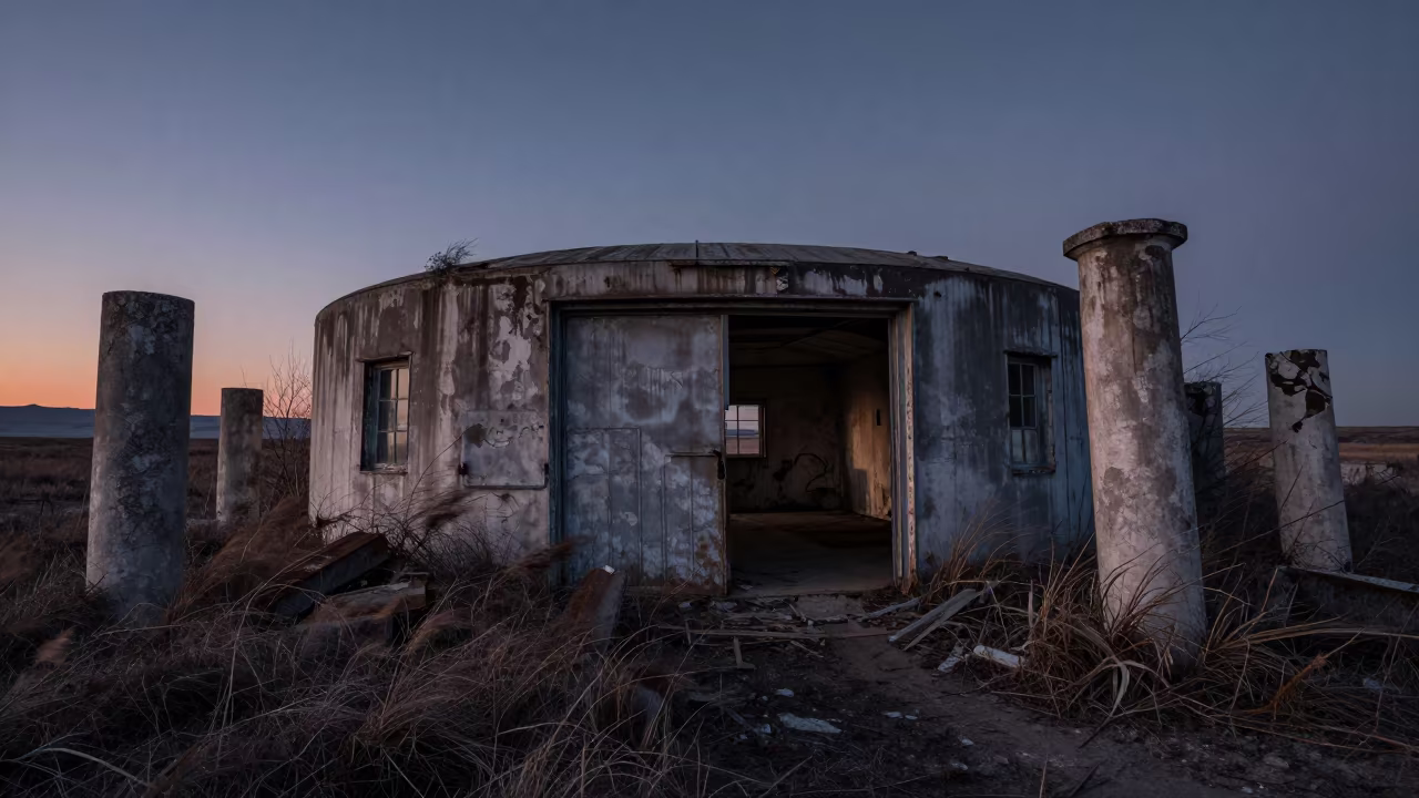Winter dusk at Cold War silo ruin Turkey in among toppled columns and nettles in Turkey